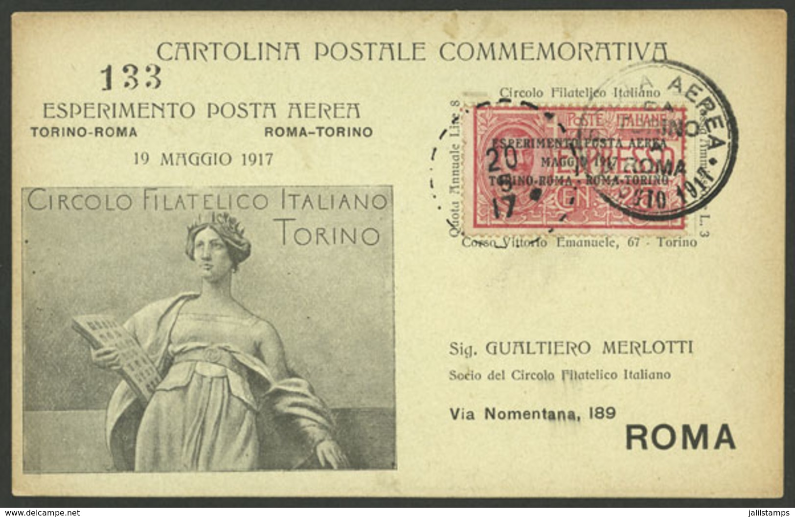 ITALY: 20/MAY/1917 Torino - Roma, Experimental Flight, Card With Special Postage And Cancel, VF Quality! - Ohne Zuordnung