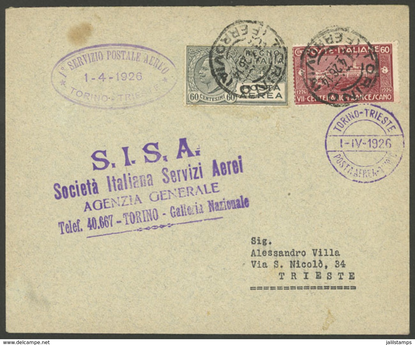 ITALY: 1/AP/1926 Torino - Trieste, First Light, Cover Of VF Quality With Arrival Backstamps! - Ohne Zuordnung