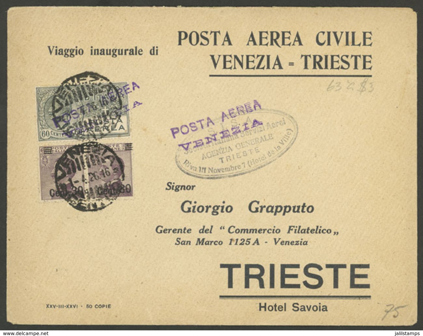 ITALY: 1/AP/1925 Venezia - Trieste, First Flight, Cover Of VF Quality Con Arrival Backstamp! - Sin Clasificación
