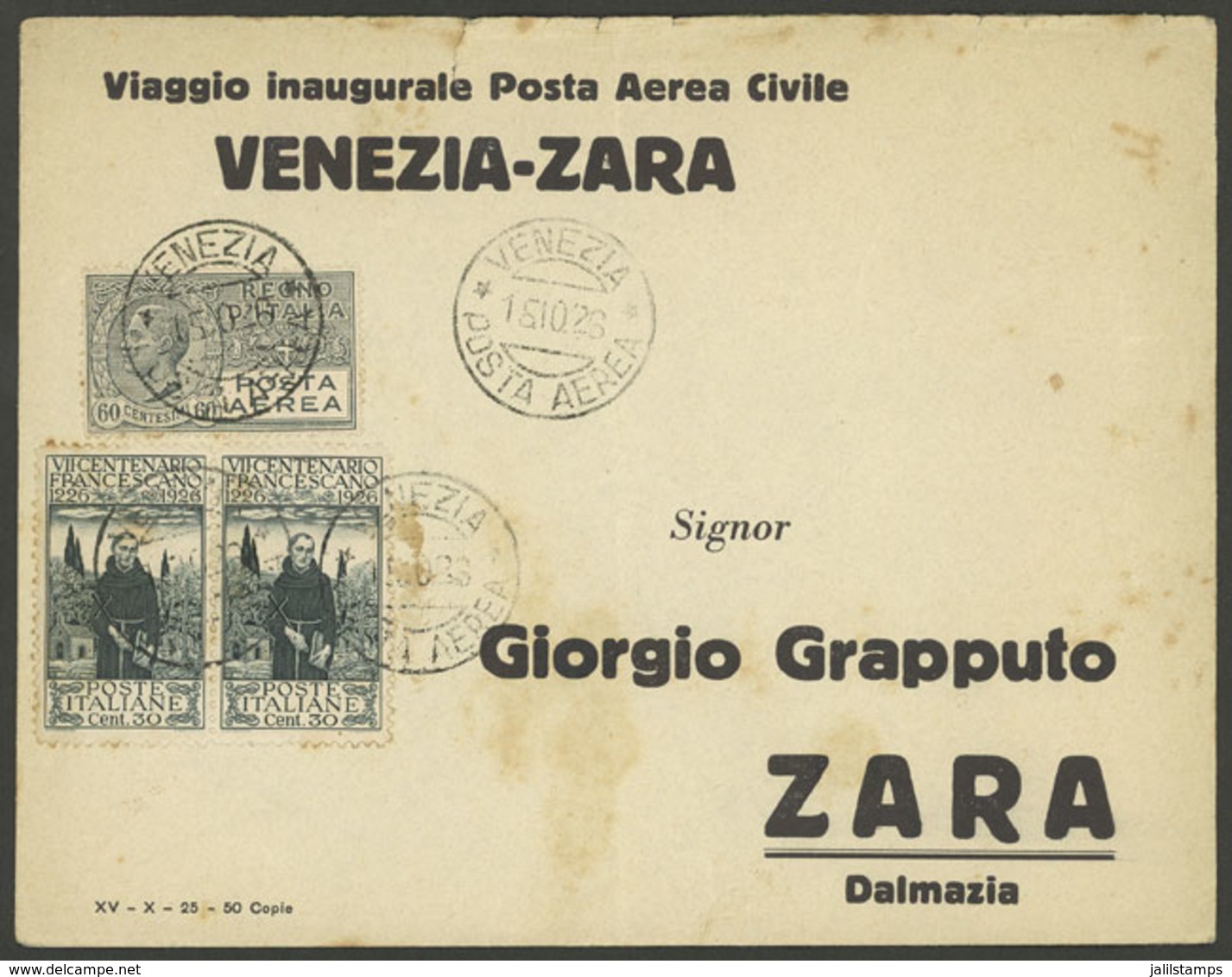 ITALY: 15/OC/1926 Venezia - Zara, First Flight, With Arrival Backstamp, Interesting! - Sin Clasificación