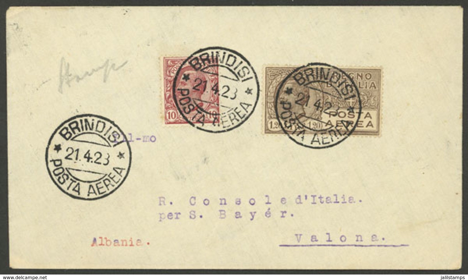 ITALY: 21/AP/1928 Brindisi - Valona (Albania), First Flight Of Società Aerea Mediterranea, Arrival Backstamp, Cover Of V - Ohne Zuordnung