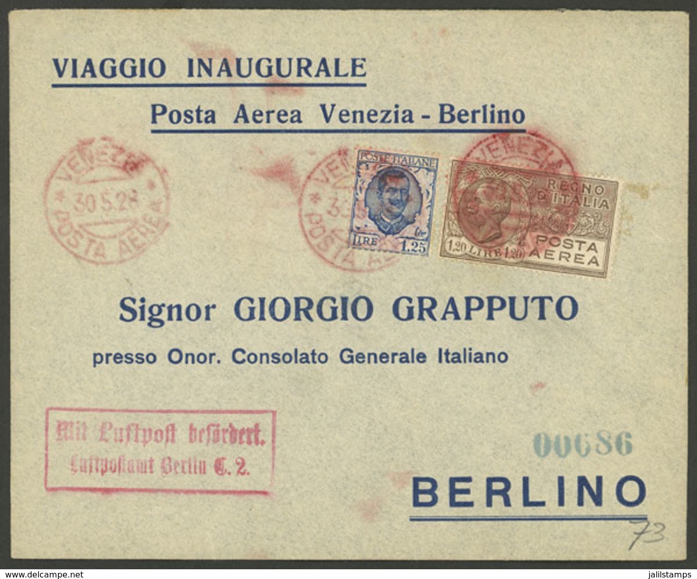 ITALY: 30/MAY/1928 Venezia - Berlin, First Flight, With Arrival Backstamp, VF Quality! - Sin Clasificación