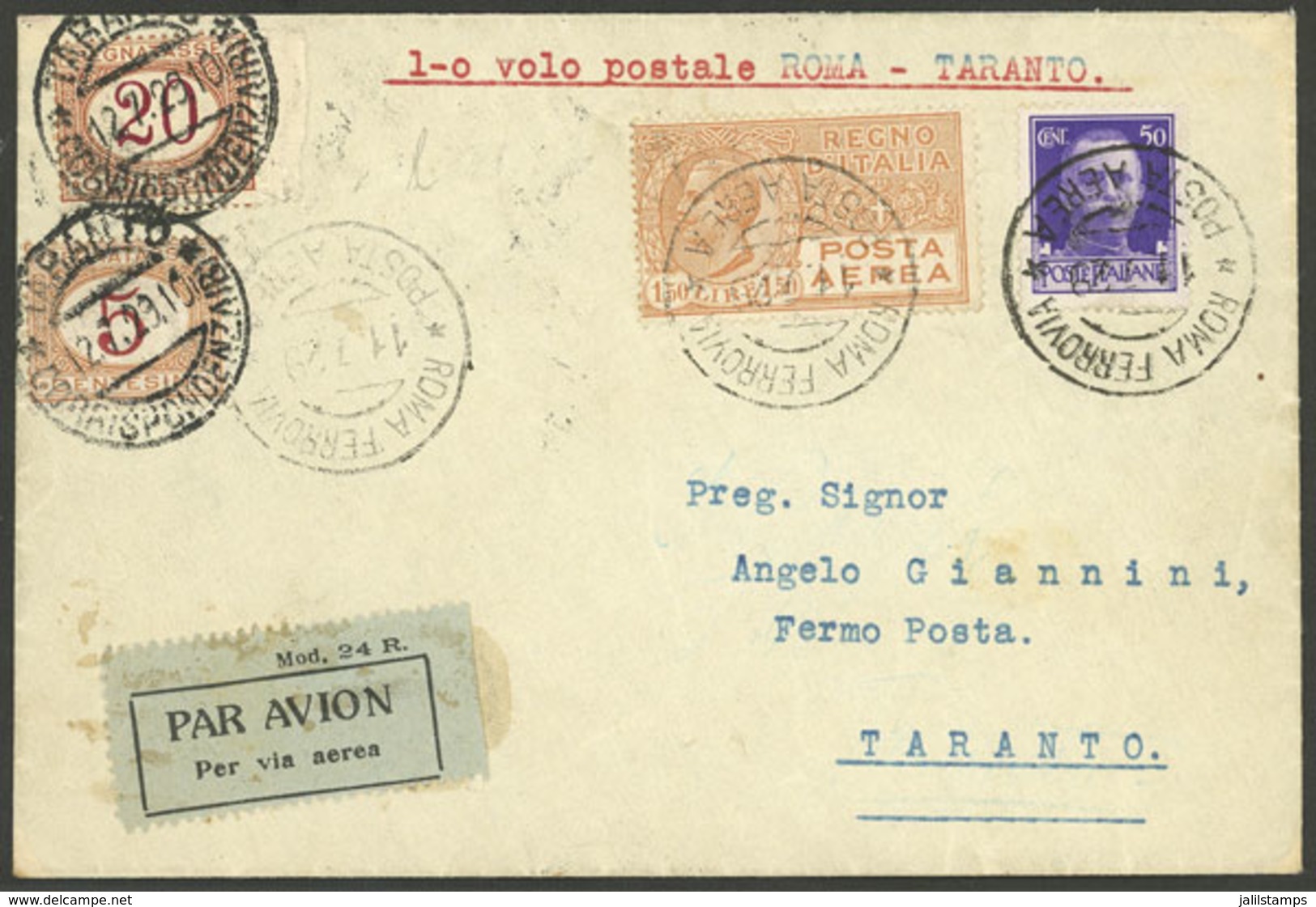 ITALY: 11/JUL/1929 Roma - Taranto, First Airmail, Cover Of VF Quality! - Ohne Zuordnung