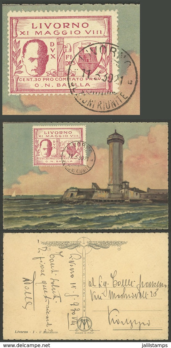 ITALY: Postcard With View Of "Il Marzocco, Livorno" Sent From Livorno To Viareggio On 11/MAY/1930 Franked With CINDERELL - Sin Clasificación