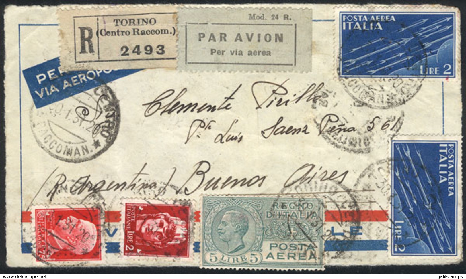 ITALY: Front Of A Registered Airmail Cover Sent From Torino To Buenos Aires On 30/JA/1931, Franked By Sc.C9 + Other Valu - Sin Clasificación