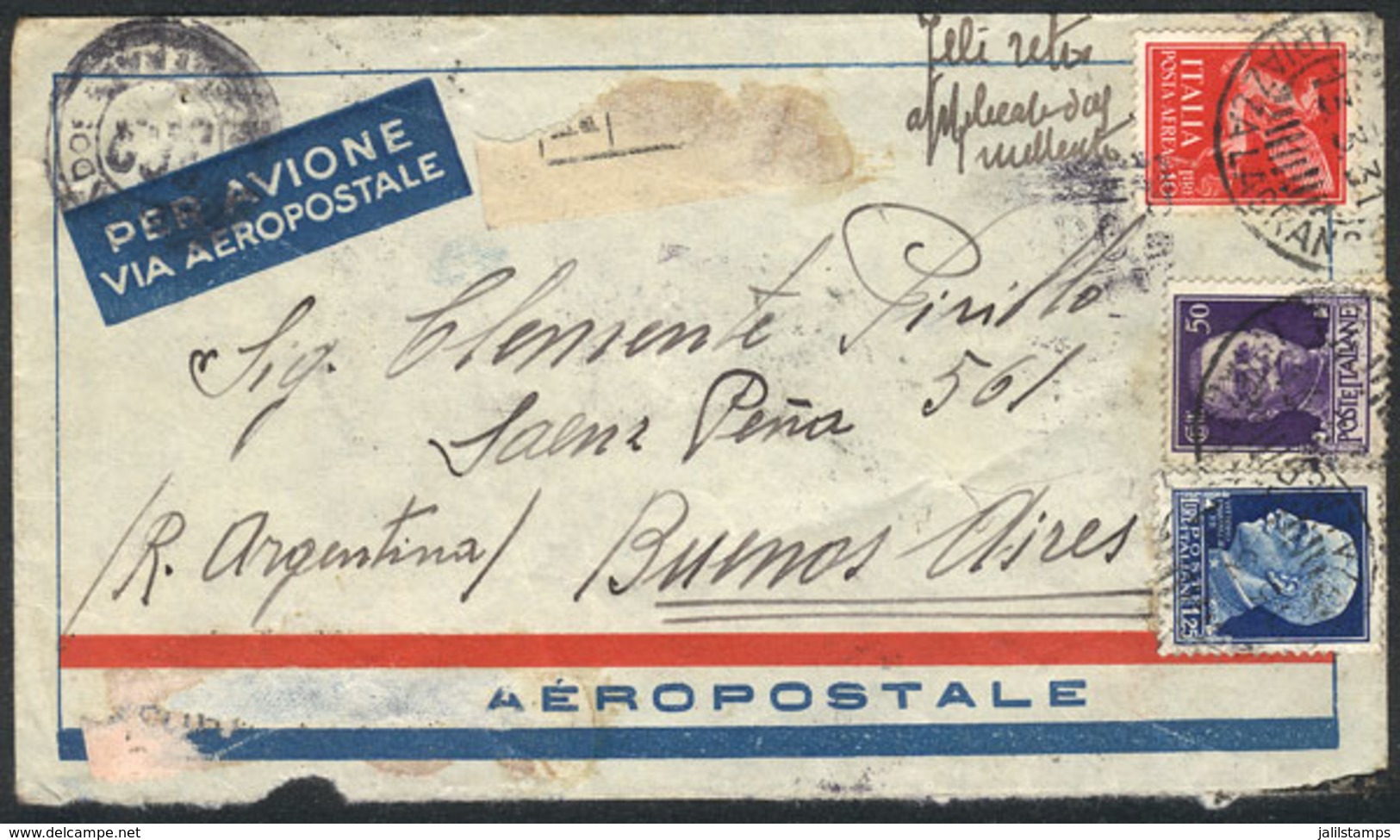 ITALY: Airmail Cover From Torino To Buenos Aires Via Air France On 13/MAR/1931, Franked With 11.75L., Back Flap Missing, - Sin Clasificación