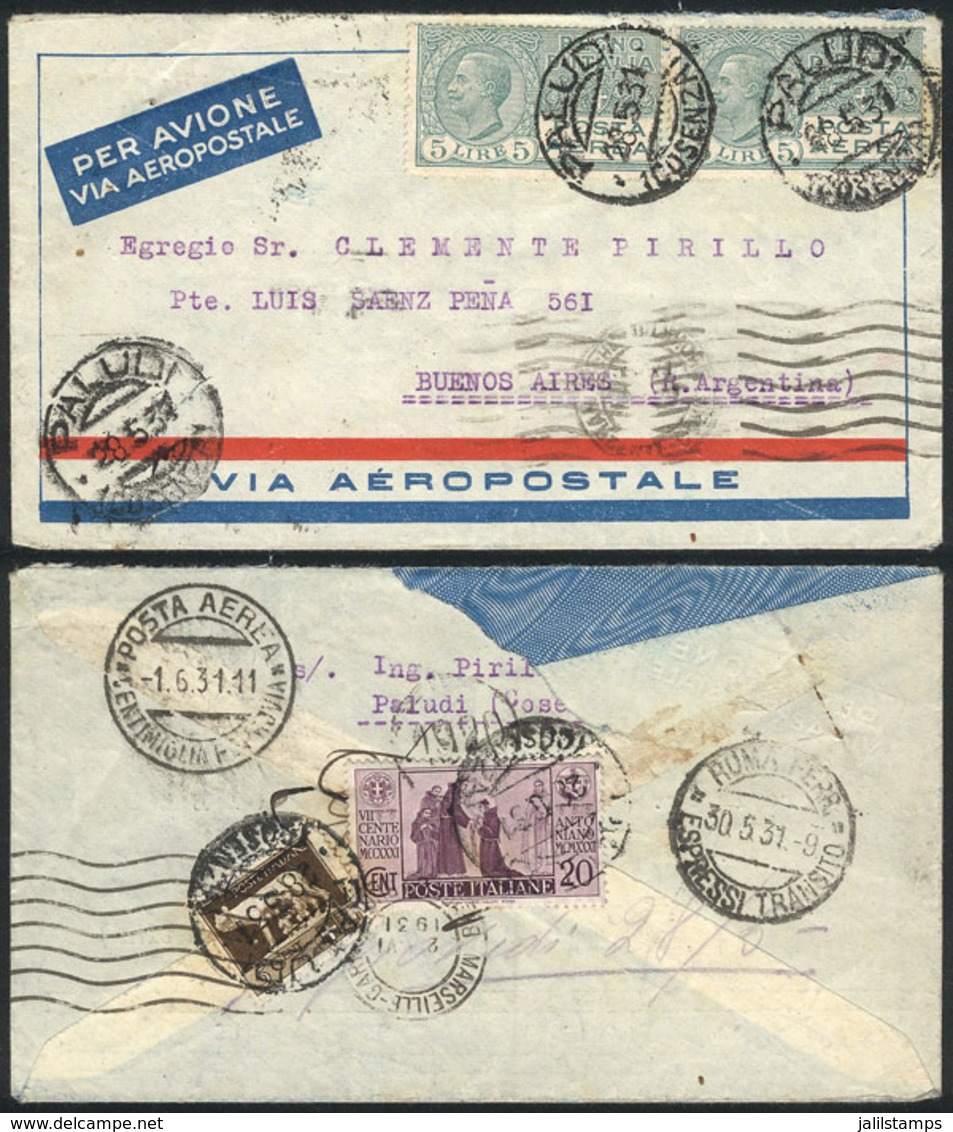 ITALY: Airmail Cover Sent From Paludi To Buenos Aires Via Air France On 28/MAY/1931, Franked By Sc.C9 X2 + Other Values  - Sin Clasificación