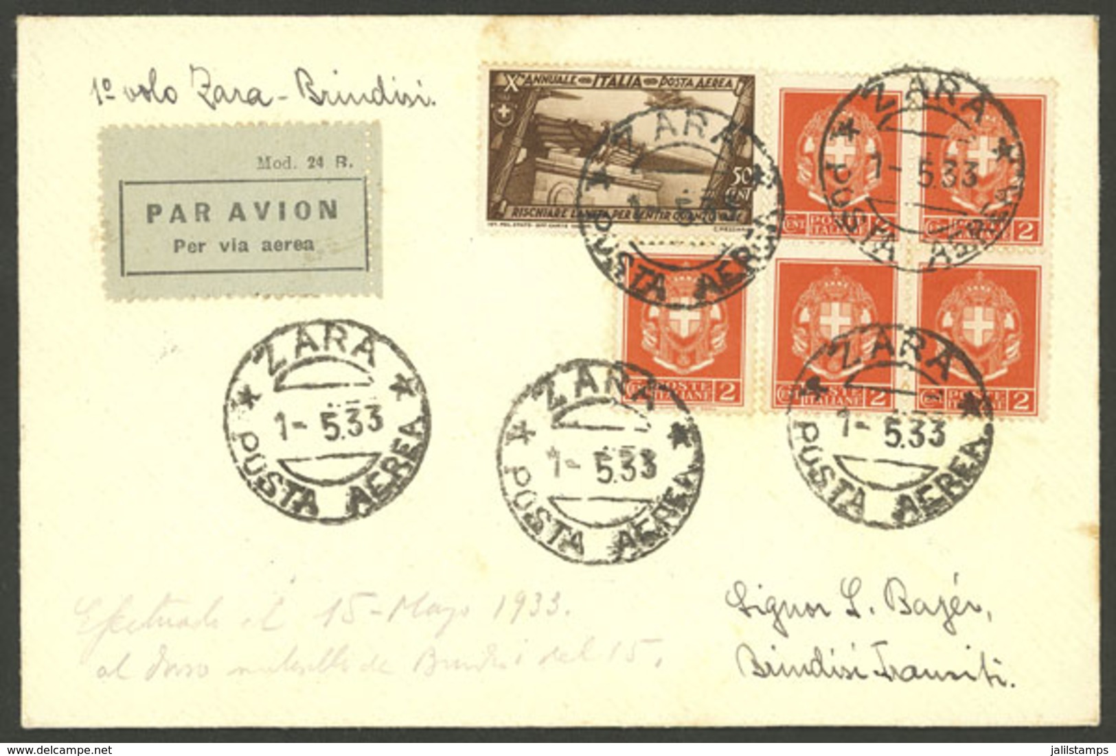 ITALY: 15/MAY/1933 Zara - Brindisi, First Flight, Cover With Arrival Backstamp, VF Quality! - Ohne Zuordnung