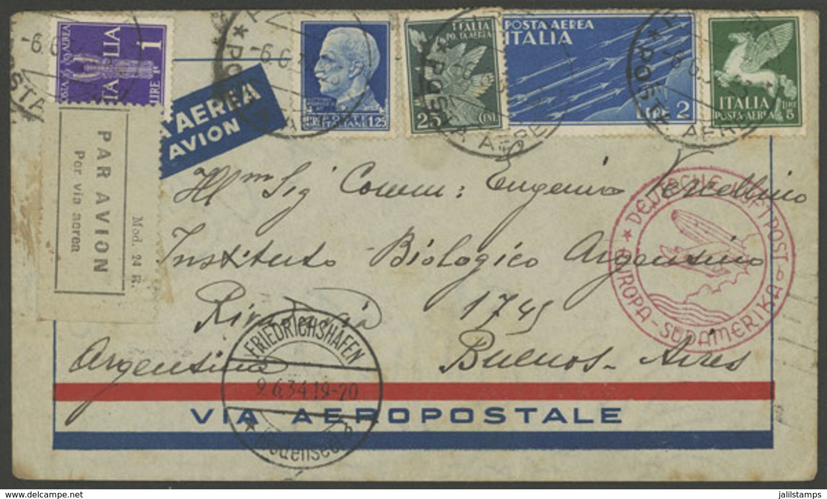 ITALY: 6/JUN/1934 Firenze - Argentina Via Germany By ZEPPELIN, On Registered Airmail Cover Franked With 9.50L., With Red - Ohne Zuordnung