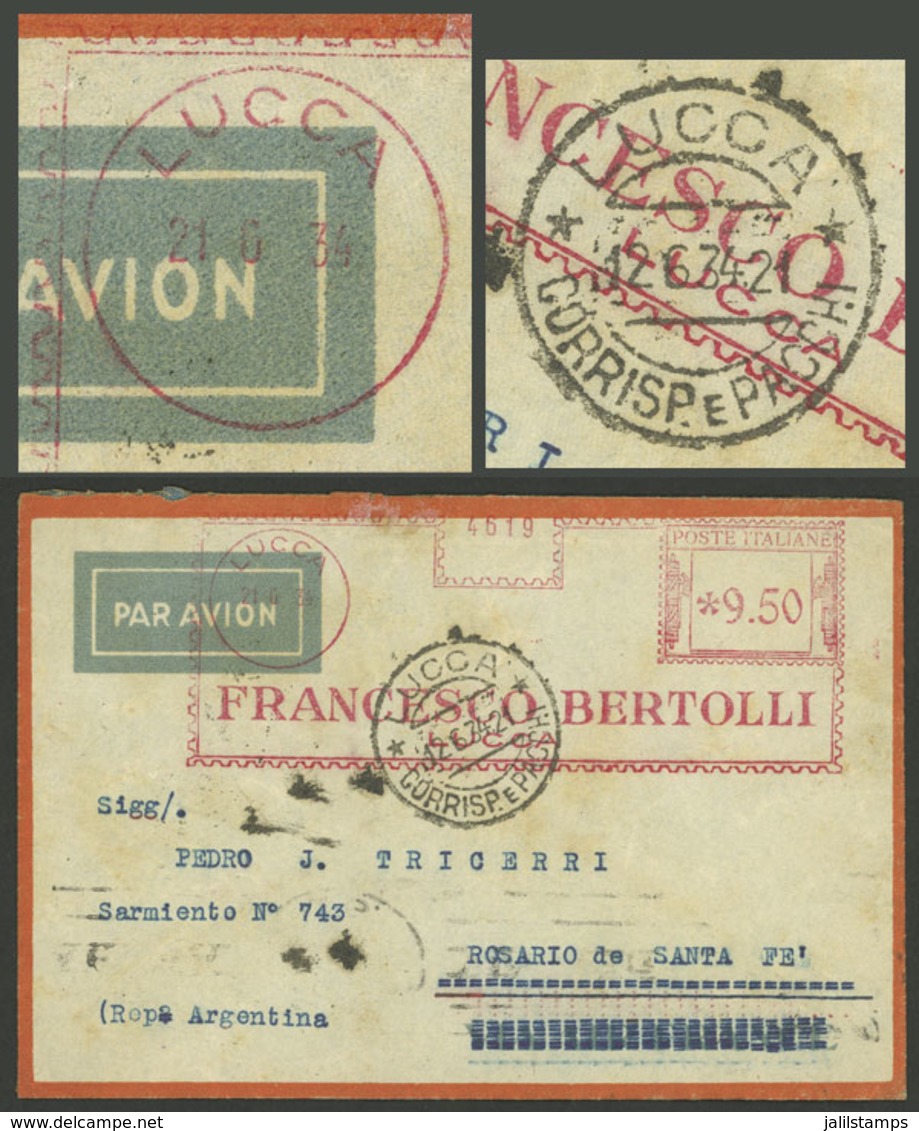 ITALY: 12/JUN/1934 Lucca - Argentina, Airmail Cover With Meter Postage Of 9.50L. With ERROR In The Date (it Says 21/6/34 - Sin Clasificación