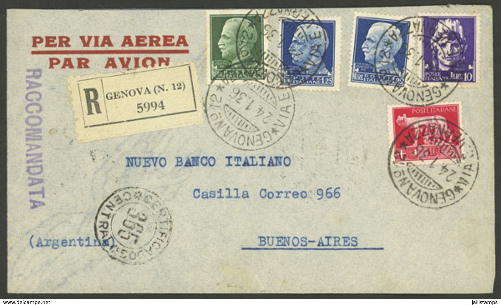 ITALY: 24/JA/1936 Genova - Argentina, Registered Airmail Cover Franked With 17.75L., Very Fine Quality! - Sin Clasificación
