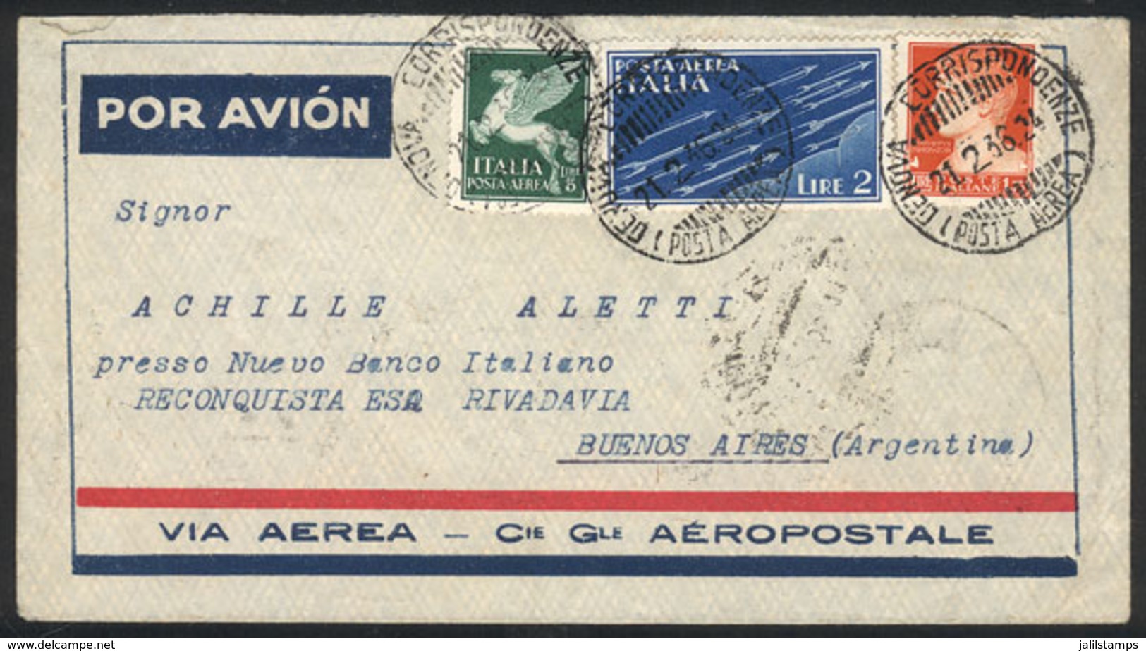 ITALY: 21/FE/1936  Genova - Argentina, Airmail Cover Franked With 8.75L, Sent Via France (C.G.A.), With Buenos Aires Arr - Sin Clasificación