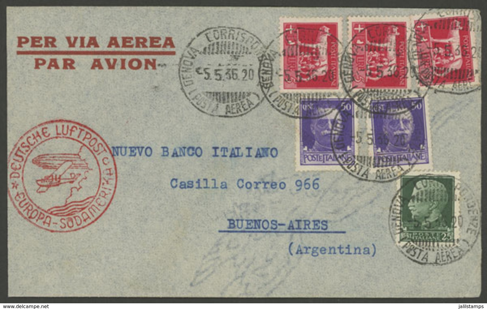 ITALY: 5/MAY/1936 Genova - Argentina, Airmail Cover (via Germany DLH) Franked With 16.25L., Very Fine Quality! - Sin Clasificación