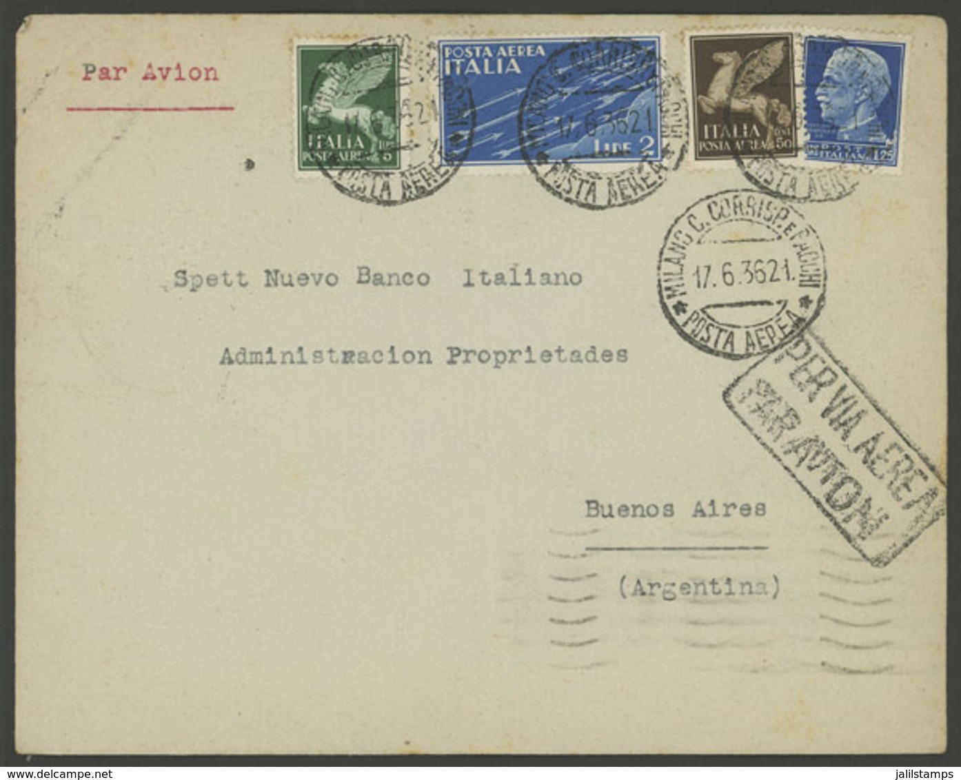 ITALY: 17/JUN/1936 Milano - Argentina By Air France, Airmail Cover Franked With 8.75L., On Back Transit Marks Of Ventimi - Ohne Zuordnung