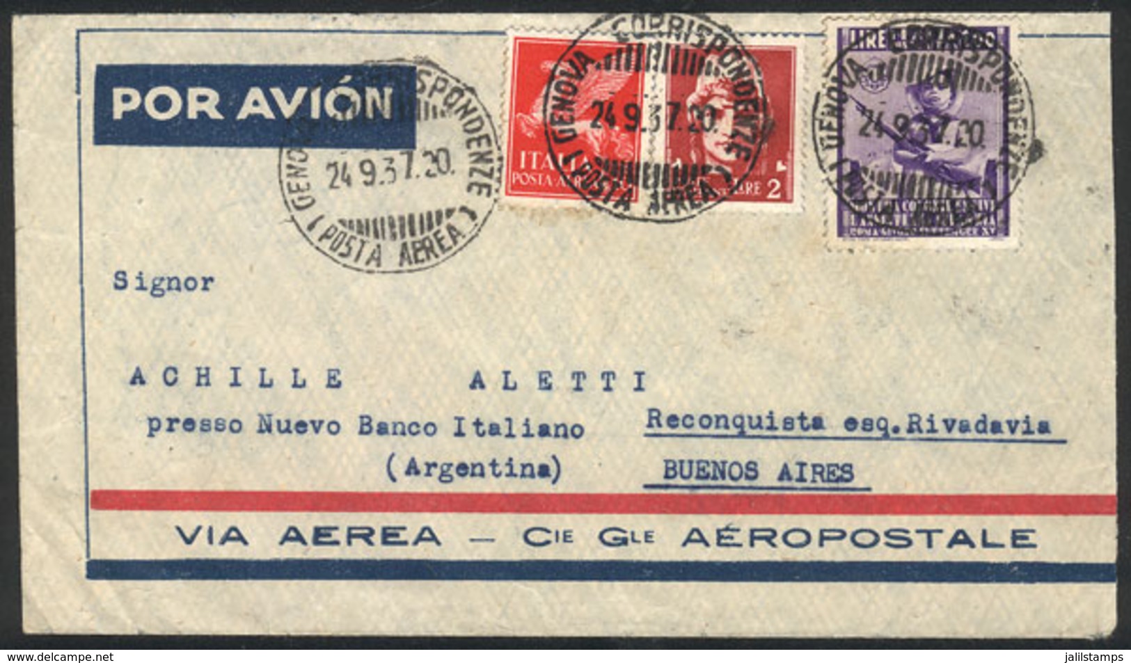 ITALY: 24/SE/1937 Genova - Argentina, Airmail Cover Franked With 13L., Sent Via France (C.G.A.), With Buenos Aires Arriv - Ohne Zuordnung