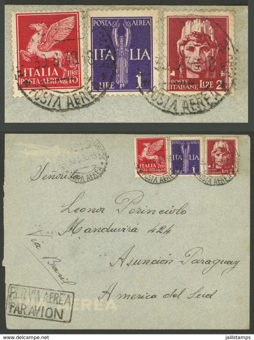 ITALY: 30/MAR/1938 Milano - Paraguay (with Manuscript "via Brasil"), Airmail Cover Franked With 13L, Arrival Backstamp O - Ohne Zuordnung