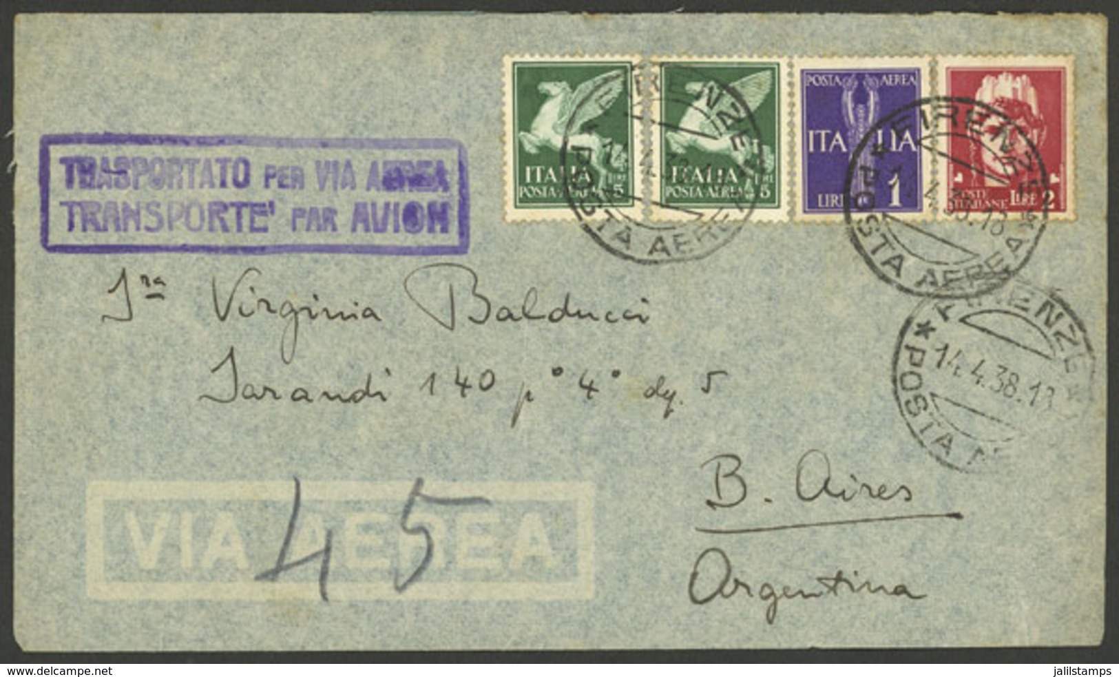 ITALY: 14/AP/1938 Firenze - Argentina, Airmail Cover Franked With 13L., Very Nice! - Sin Clasificación