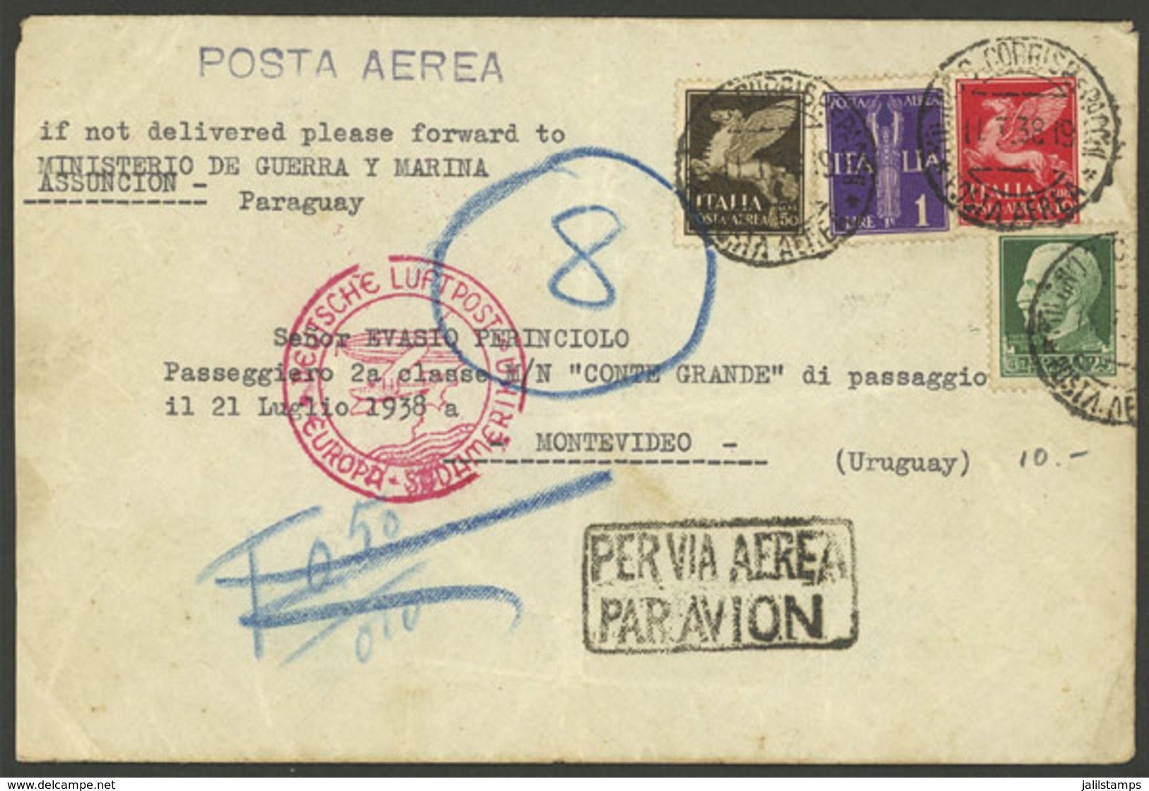 ITALY: Airmail Cover Sent From Milano To Uruguay On 11/JUL/1938 (by Germany DLH) TO REACH A PASSENGER OF SHIP Conte Gran - Ohne Zuordnung