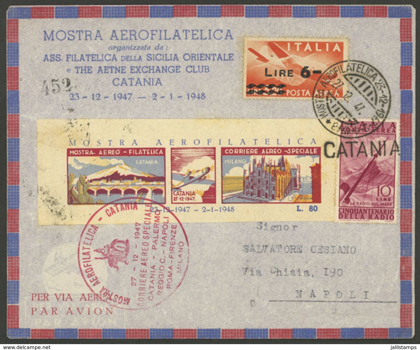 ITALY: 27/DE/1957 Airmail Cover With Special S.sheet Of The Aerophilately Expo Of Catania, Very Nice! - Sin Clasificación