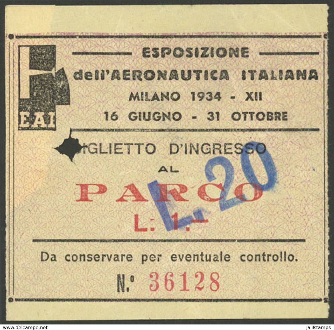 ITALY: Entry Ticket Of The Italian Aeronautics Exhibition Of 1934 In Milano, Interesting! - Tickets - Entradas