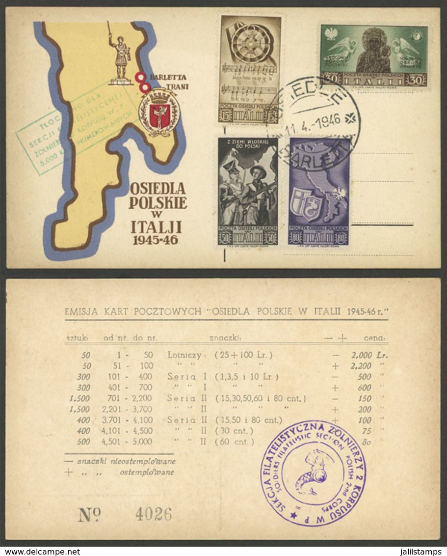 ITALY - POLISH CORPS: Special Card With 4 Values Of The Polish Corps And Postmark Of OSIEDLE 11/AP/1946, VF Quality! - 1946-47 Período Del Corpo Polacco