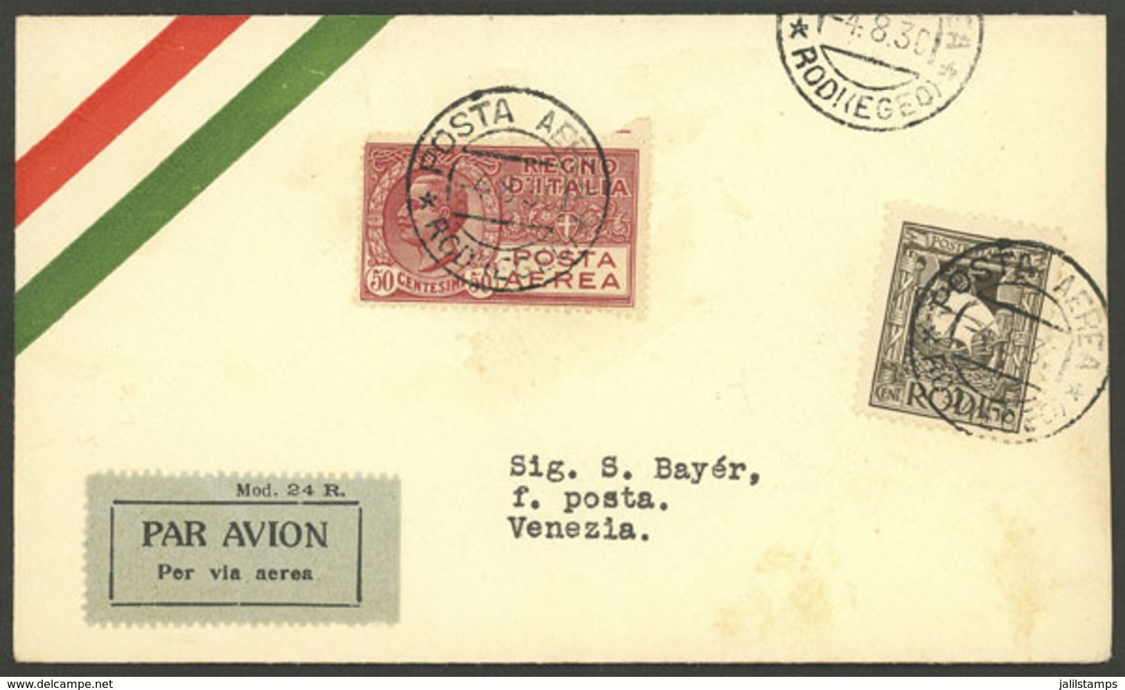 ITALIAN - EGEO: 4/AU/1930 Rodi - Venezia, First Flight, Cover Of VF Quality With Arrival Backstamp - Aegean