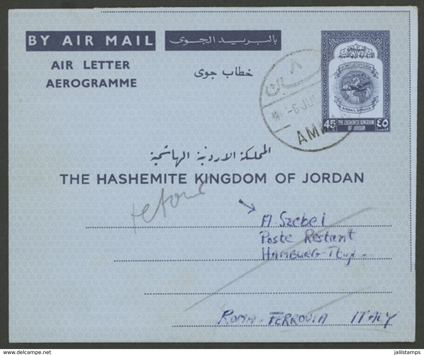 JORDAN: Aerogram Sent From Amman To Germany On 6/JUL/1966 And Returned To The Sender Who Lived In USA, VF Quality, Inter - Jordan