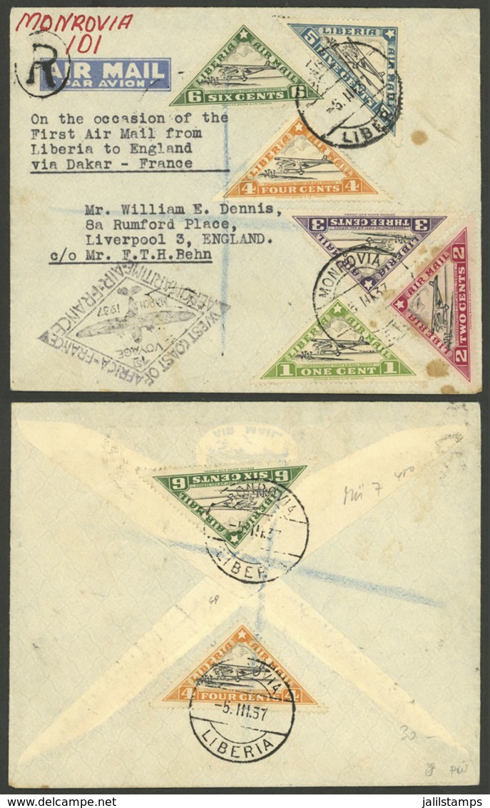 LIBERIA: 6/MAR/1937 Monrovia - England, Via Dakar, First Flight, Cover With Handsome Postage On Front And Back, With Few - Liberia