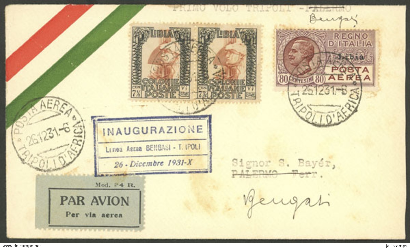 LIBYA: 26/DE/1931 Tripoli - Bengasi, First Flight, Cover Franked By Sc.C2 (US$475 On Cover) + Other Values, With Arrival - Libya