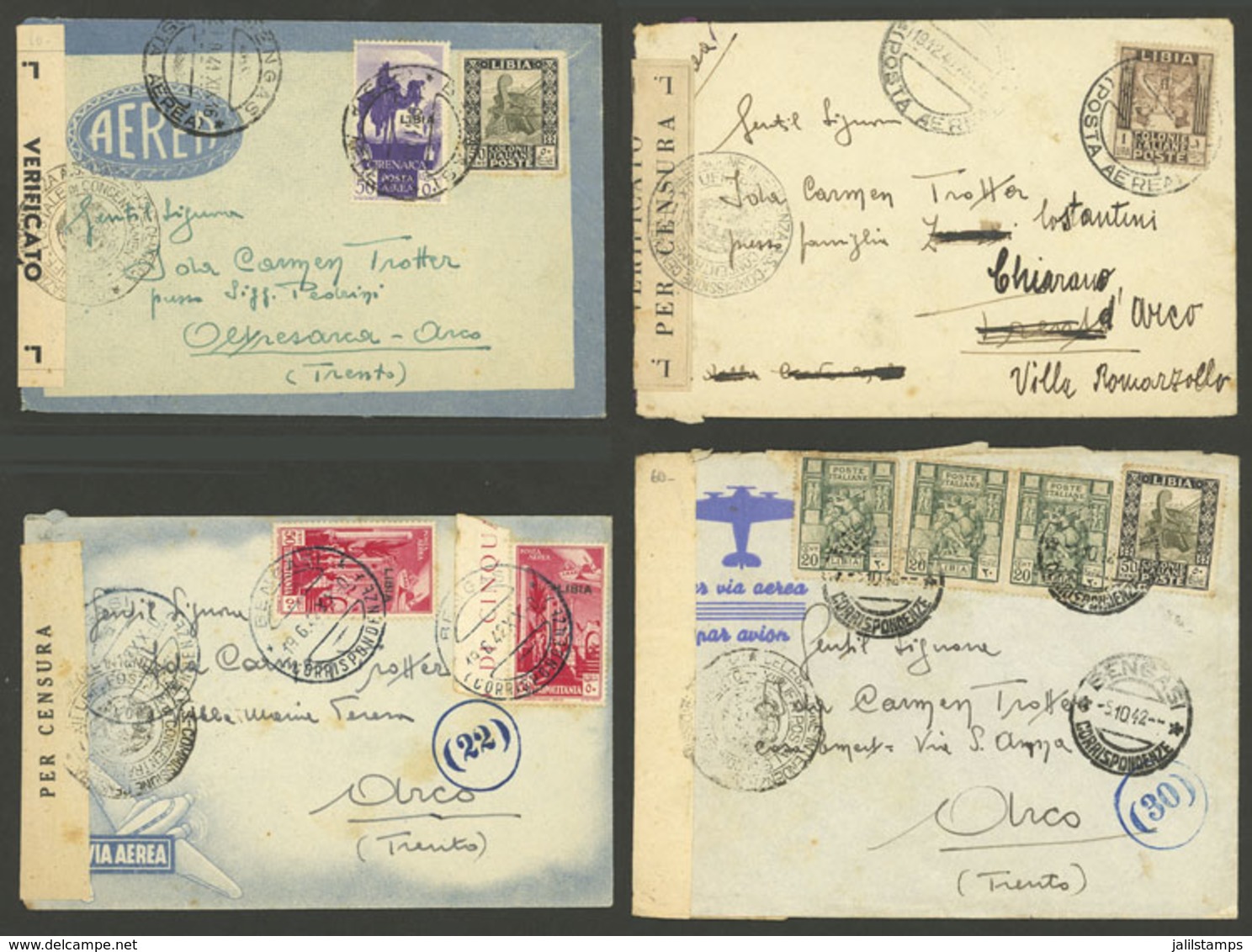 LIBYA: 4 Airmail Covers Sent From Bengasi To Olyresarca Or Arco Between 1940 And 1942, All With Censor Marks And Label,  - Libia