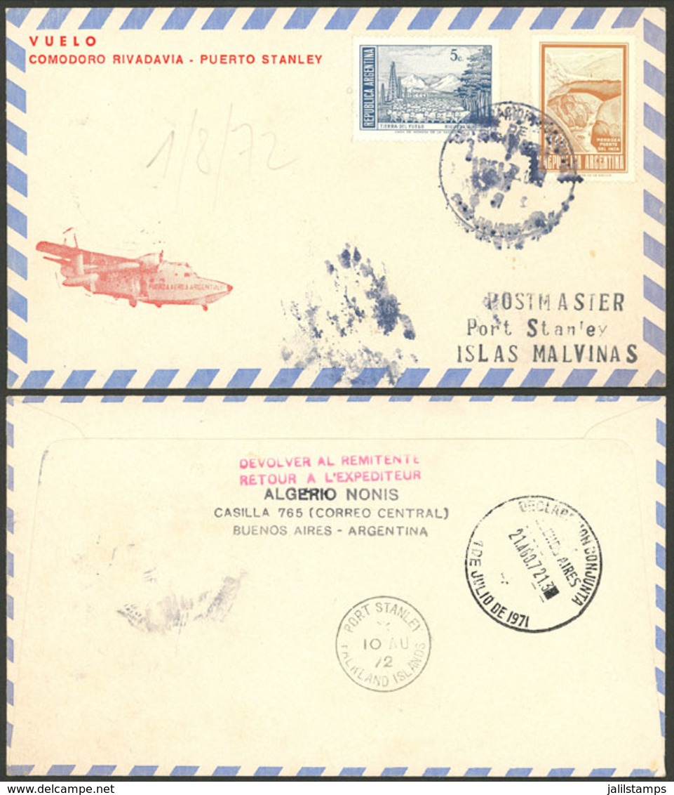 FALKLAND ISLANDS/MALVINAS: 1/AU/1972 First Flight Comodoro Rivadavia - Port Stanley, Cover With Arrival Backtamp (10/AU) - Islas Malvinas