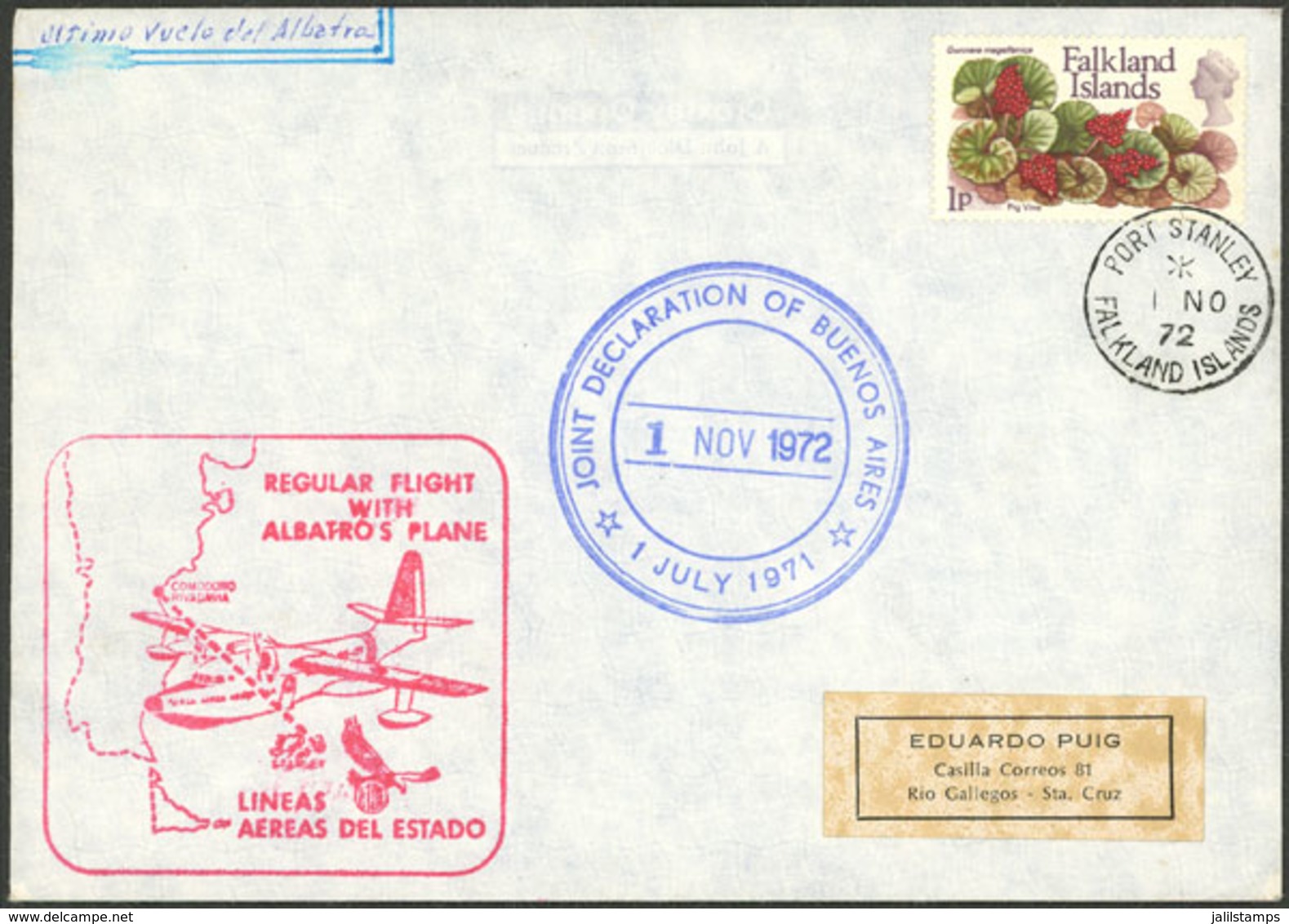 FALKLAND ISLANDS/MALVINAS: 1/NO/1972 LADE Last Flight Between Stanley And Comodoro Rivadavia By Albatros Airplane, Cover - Islas Malvinas