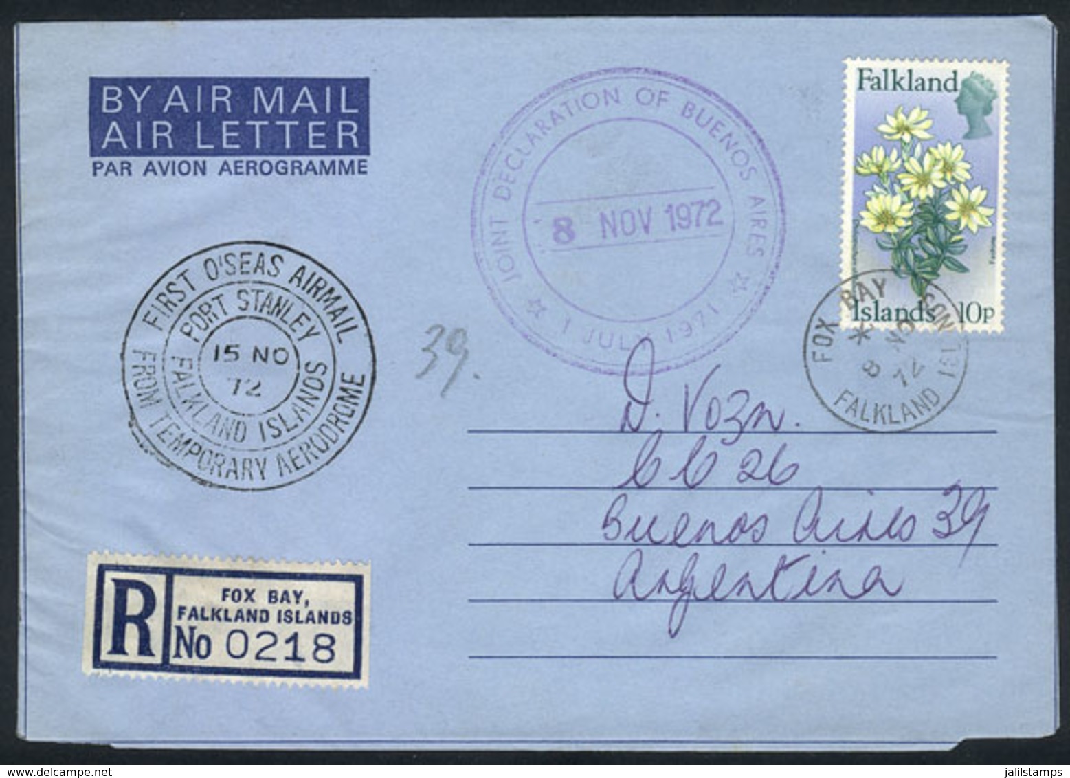 FALKLAND ISLANDS/MALVINAS: 8/NO/1972 Fox Bay - Buenos Aires: Registered Aerogram Flown On The "First Overseas Airmail",  - Falklandinseln