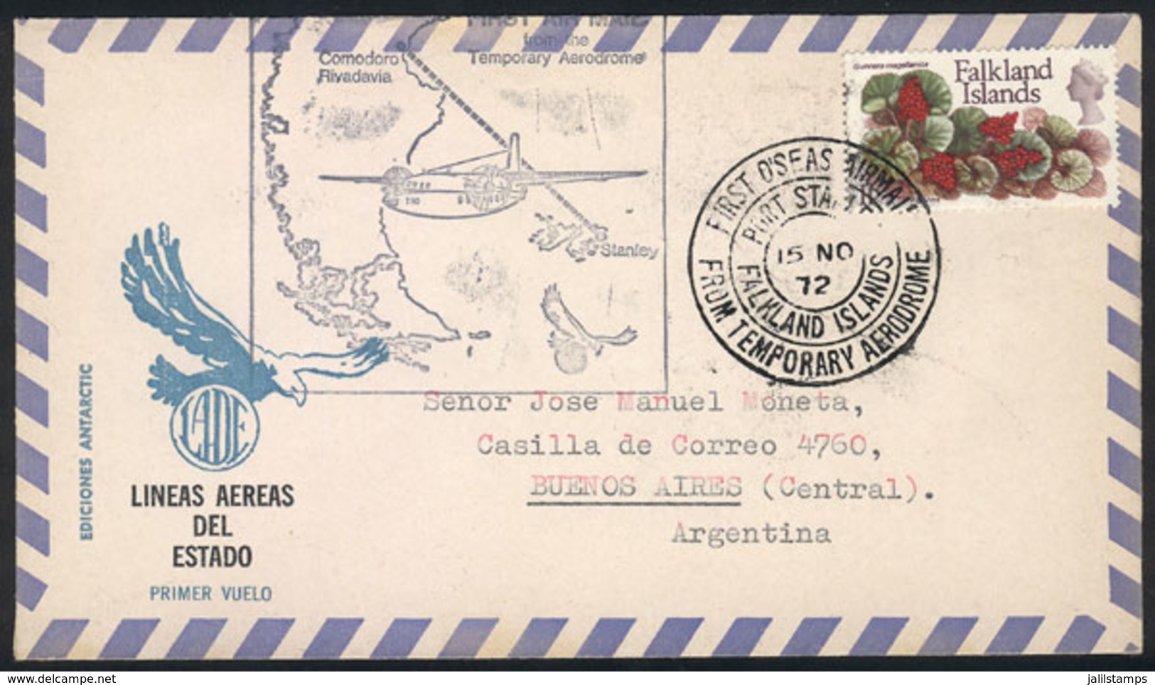 FALKLAND ISLANDS/MALVINAS: 15/NO/1972 LADE First Airmail From The Temporary Aerodrome In Stanley To Comodoro Rivadavia,  - Islas Malvinas