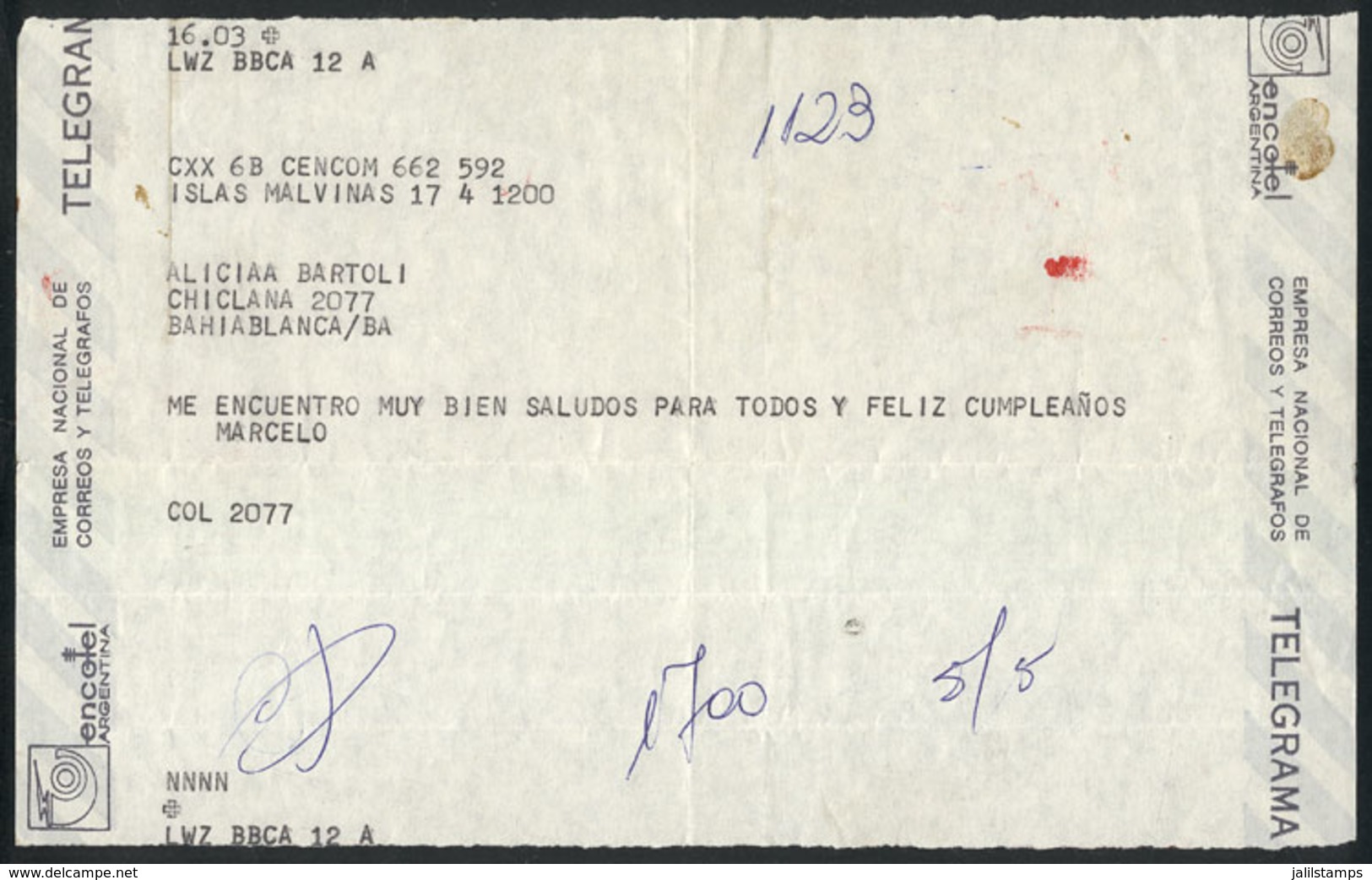 FALKLAND ISLANDS/MALVINAS: Telegram Sent From The War Front By An Argentine Soldier To His Mother! Sent On 5/MAY/1982 To - Falklandinseln