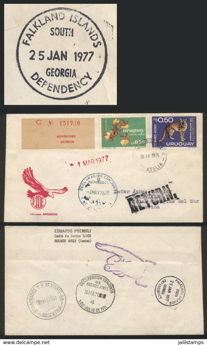 FALKLAND ISLANDS/MALVINAS - SOUTH GEORGIA: Registered Airmail Cover Sent From Uruguay To GRYTVIKEN (Georgias Del Sur, Ar - Falklandinseln