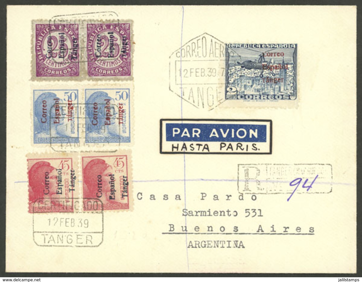 SPANISH MOROCCO: 12/FE/1939 Tangier - Argentina, Registered Airmail Cover, VF Quality! - Marruecos Español