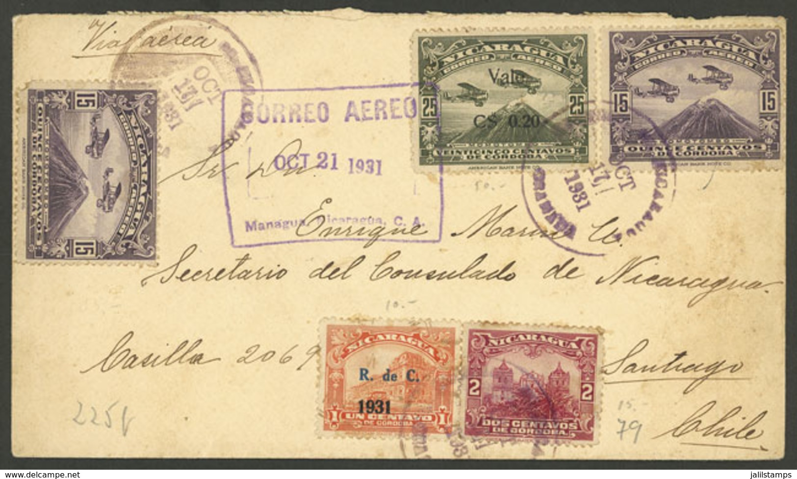 NICARAGUA: Airmail Cover Sent From Managua To Santiago De Chile On 21/OC/1931, VF! - Nicaragua
