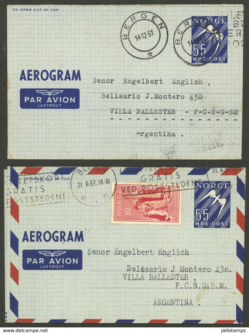 NORWAY: 2 Aerograms Sent To Argentina In 1951 And 1957, VF! - Otros & Sin Clasificación