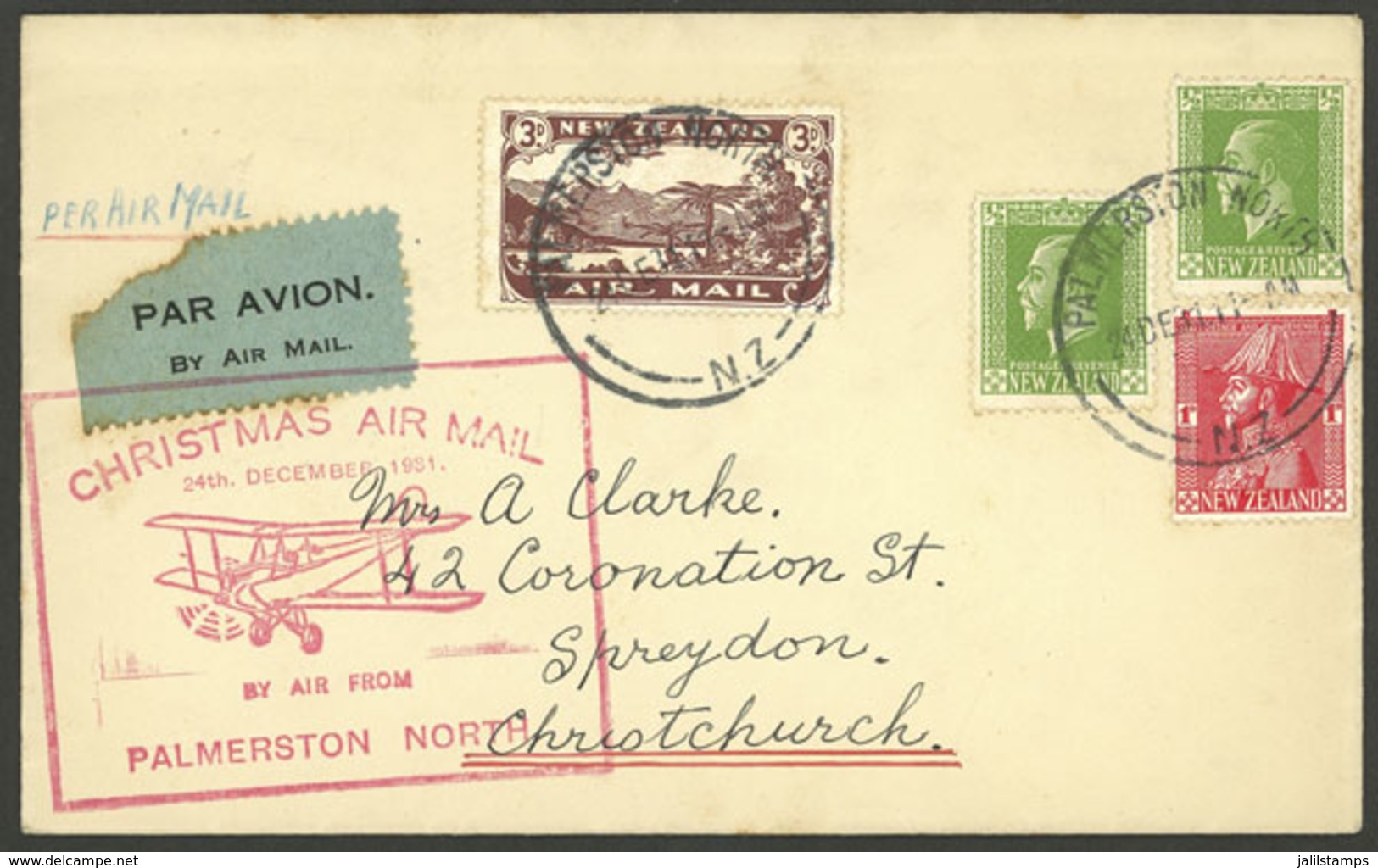 NEW ZEALAND: 24/DE/1931 Palmerston North - Christchurch, First Flight, Cover With Arrival Backstamp, Very Nice! - Sonstige & Ohne Zuordnung