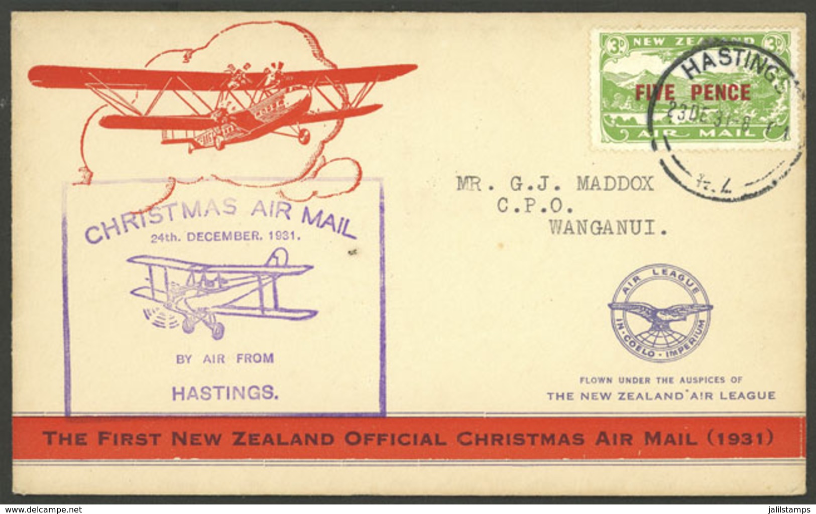 NEW ZEALAND: 24/DE/1931 Hastings - Wanganui, First Flight, Cover With Arrival Backstamp, Very Nice! - Sonstige & Ohne Zuordnung