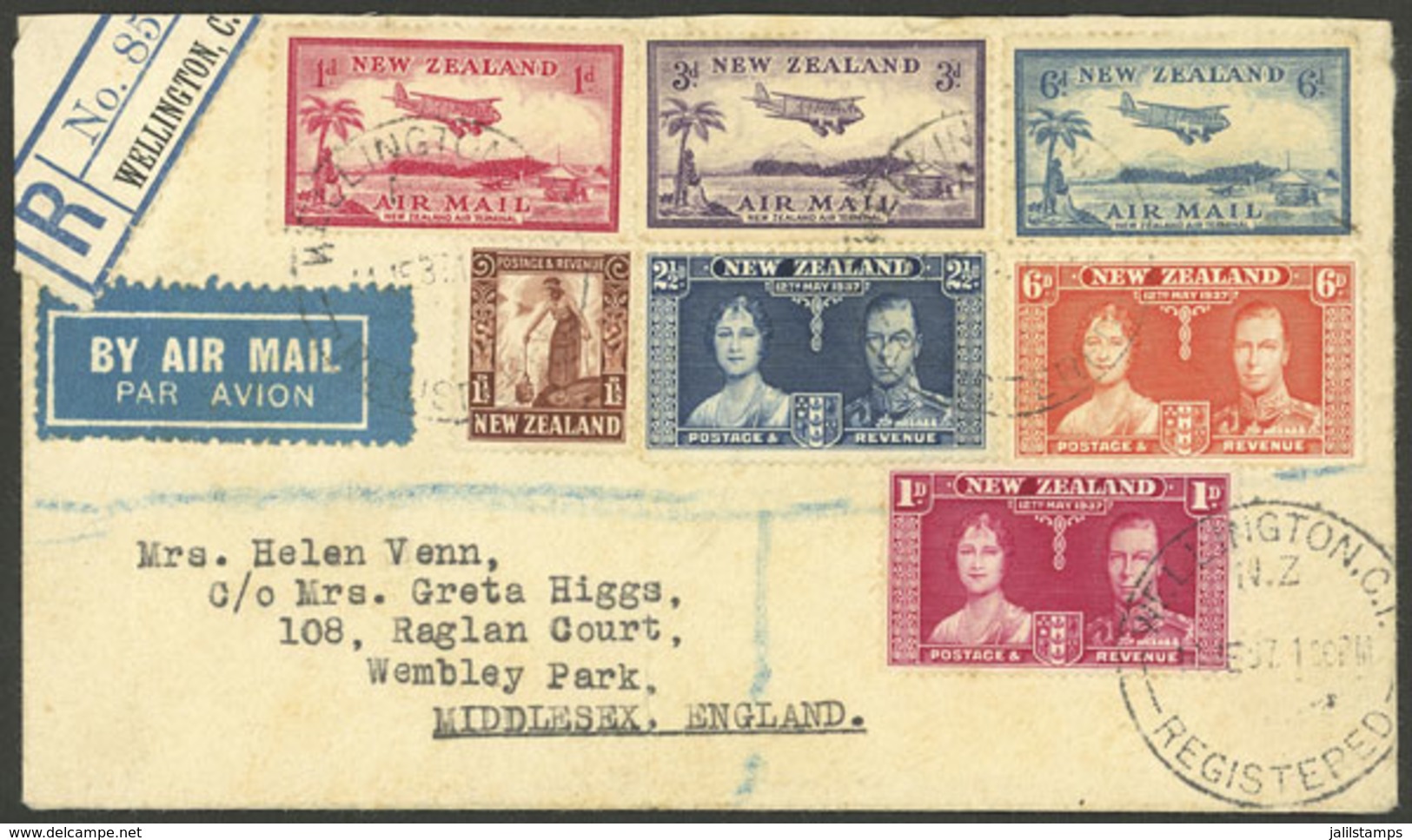 NEW ZEALAND: 11/JUN/1937 Wellington - Great Britain, Registered Airmail Cover With Very Nice Multicolor Postage - Otros & Sin Clasificación