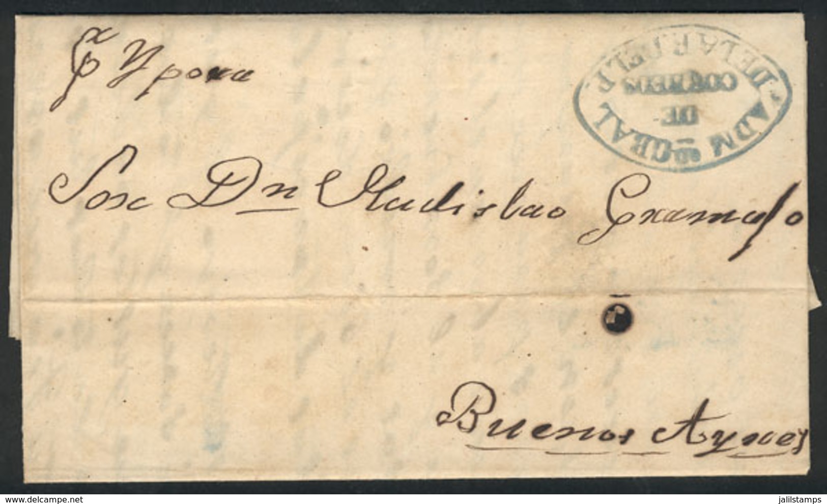 PARAGUAY: Entire Letter Dated Asunción 9/JUN/1858, Sent To Buenos Aires Per Steamer "Ypora", With The Oval Gray-blue Mar - Paraguay