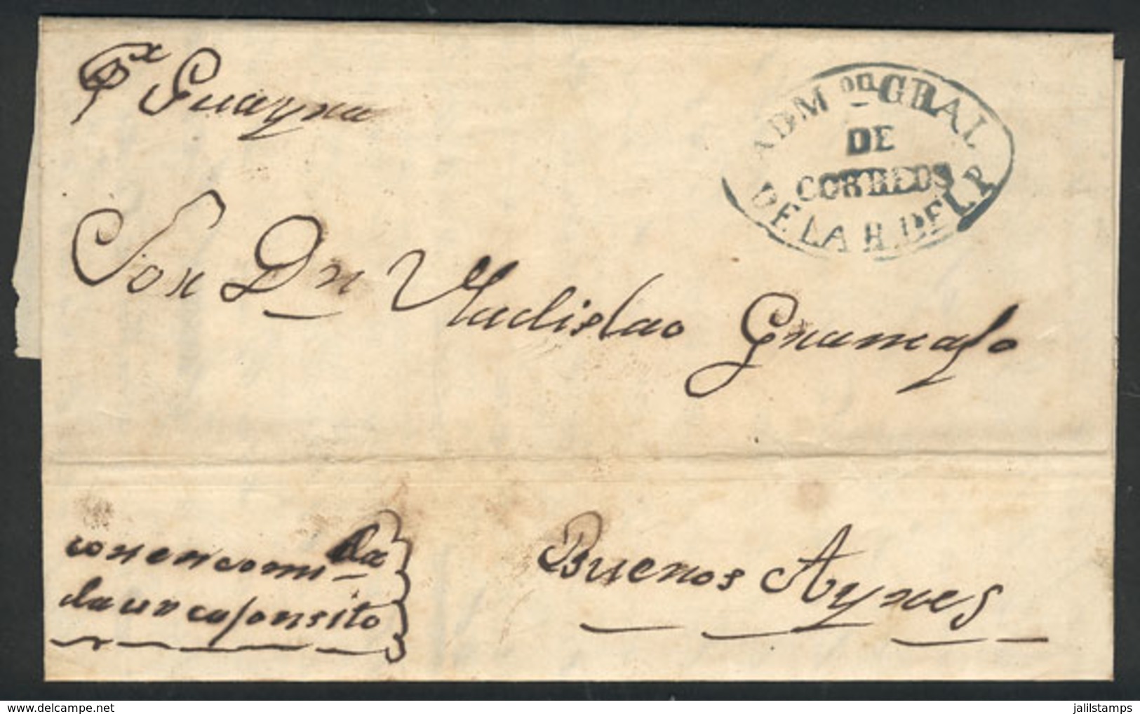 PARAGUAY: Entire Letter Dated Asunción 20/SE/1858, Sent To Buenos Aires Per Steamer "Guayra", With The Oval Gray-green M - Paraguay