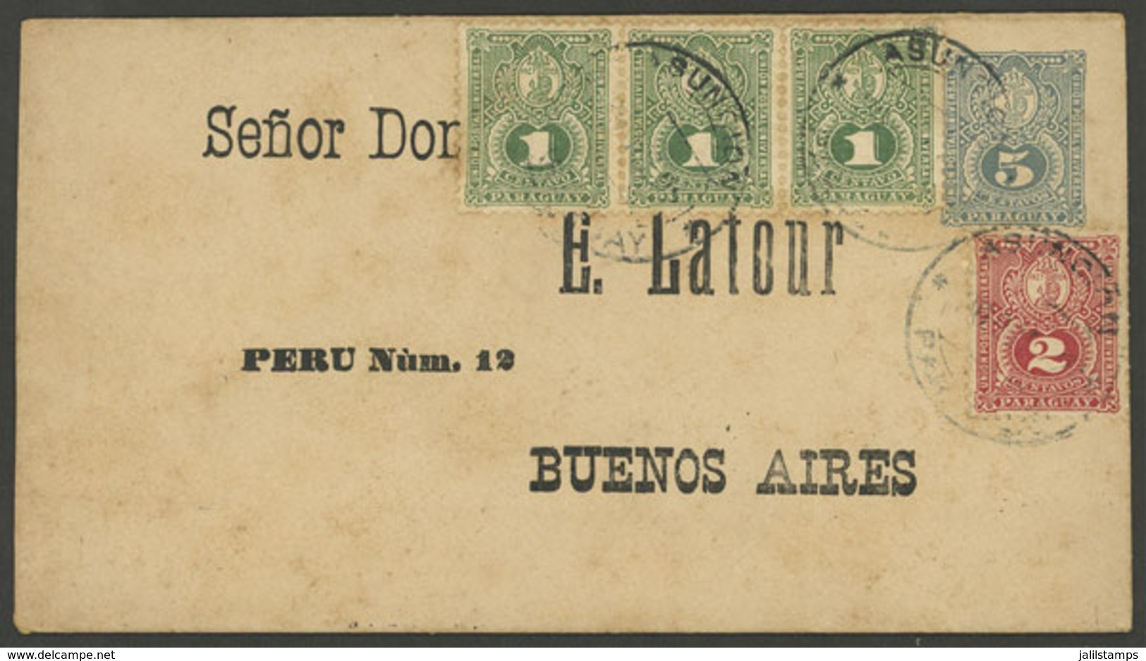 PARAGUAY: 2/NO/1892 Asunción - Buenos Aires, 5c. Stationery Envelope + Additional Postage (total 10c.), Arrival Backstam - Paraguay