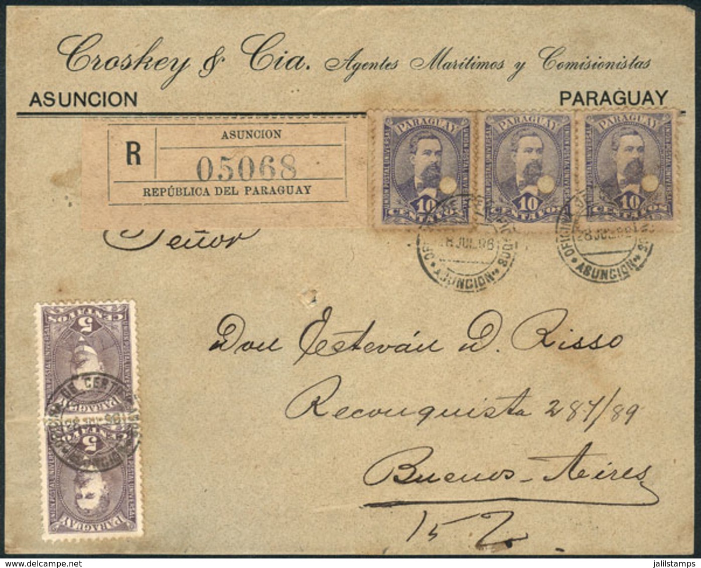 PARAGUAY: Front Of A Registered Cover Franked With 40c., Sent From Asunción To Buenos Aires On 28/JUL/1896, Very Nice! - Paraguay