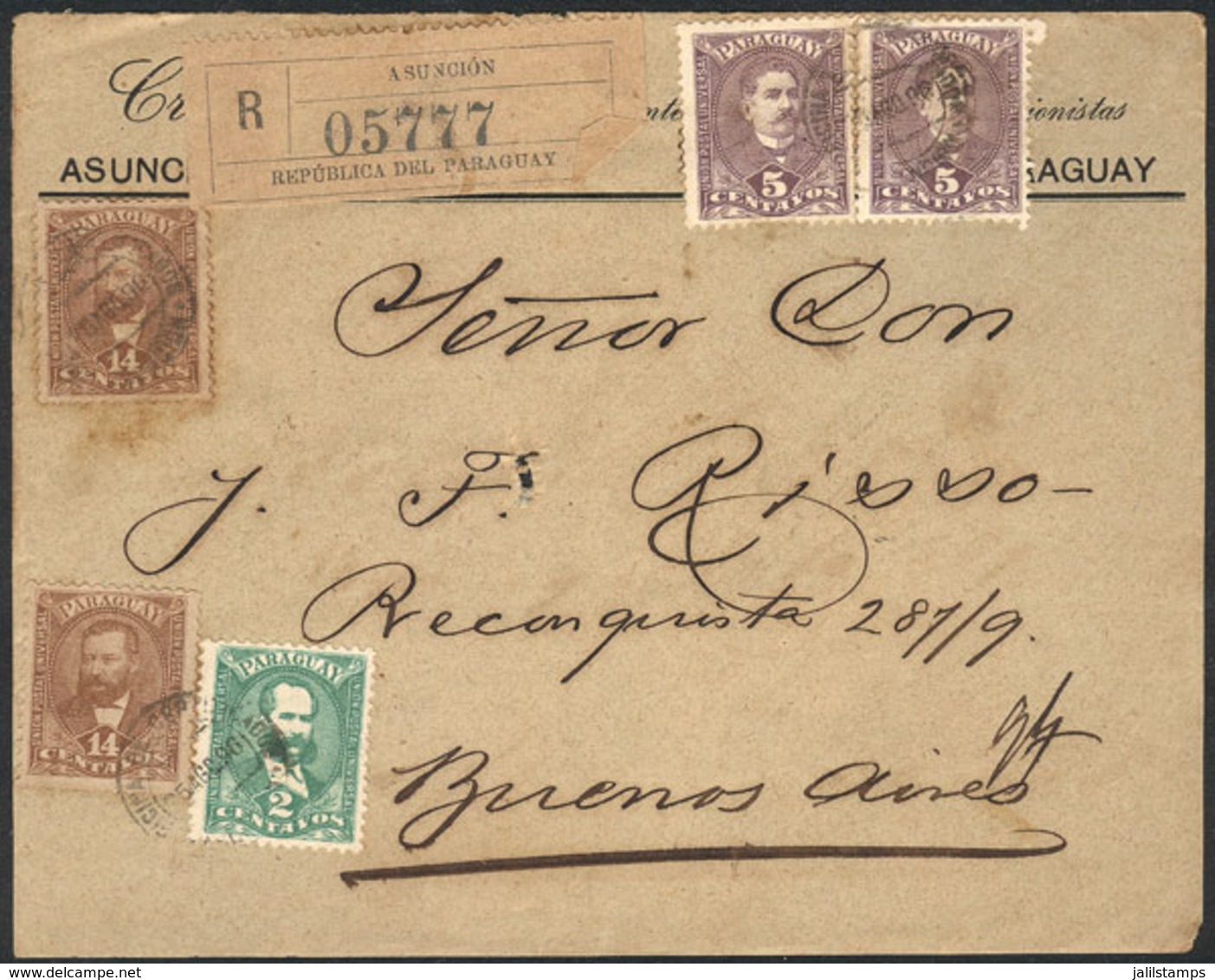 PARAGUAY: Front Of A Registered Cover Franked With 40c., Sent From Asunción To Buenos Aires On 5/AU/1896, Very Nice! - Paraguay