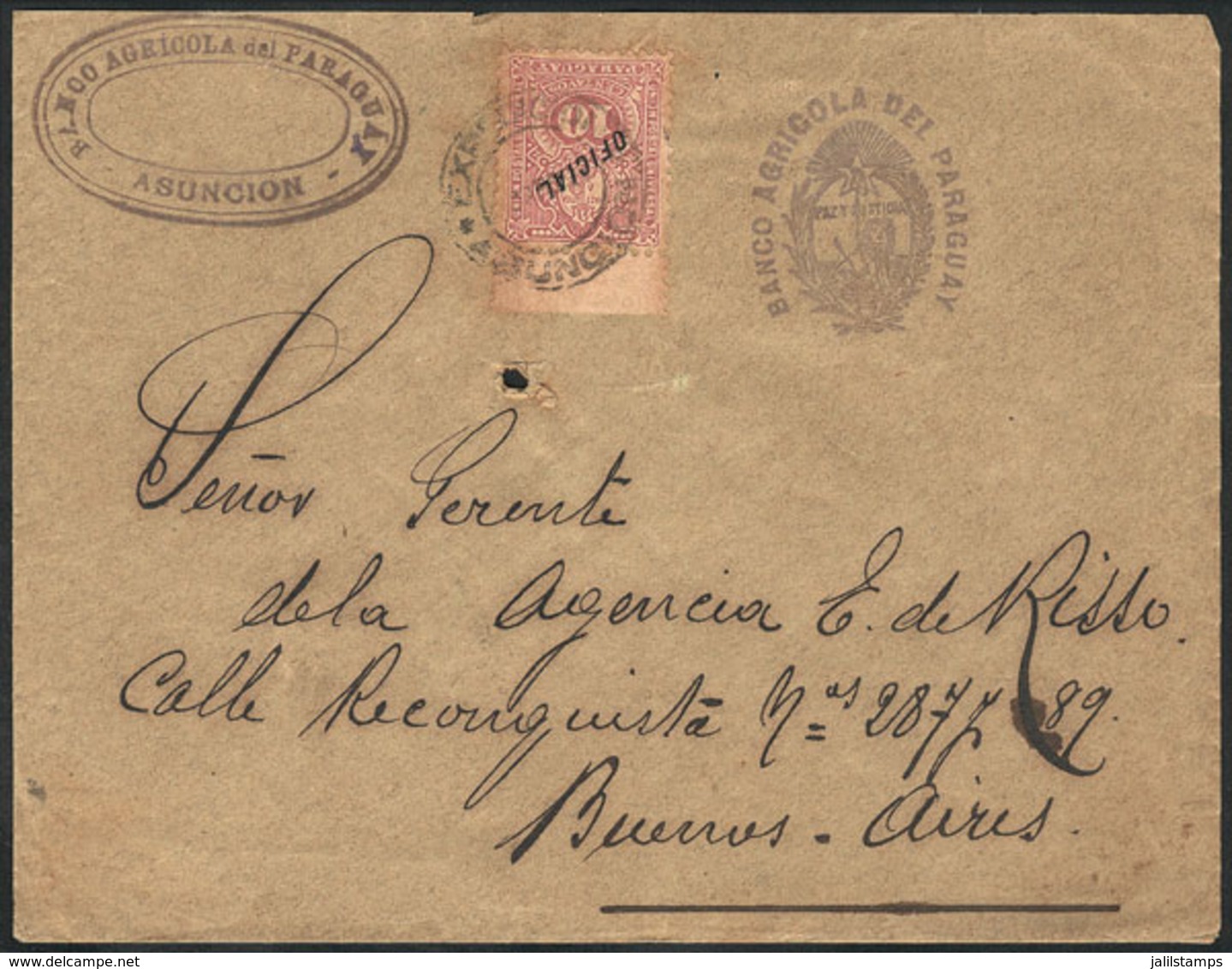 PARAGUAY: Official Cover Of The Banco Agrícola Del Paraguay, Franked With Official Stamp Of 10c. Lilac, Sent To Buenos A - Paraguay