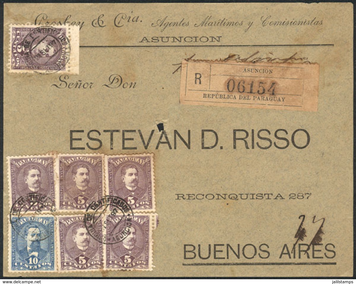 PARAGUAY: Front Of A Registered Cover Franked With 40c., Sent From Asunción To Buenos Aires On 21/SE/1897, Very Nice! - Paraguay