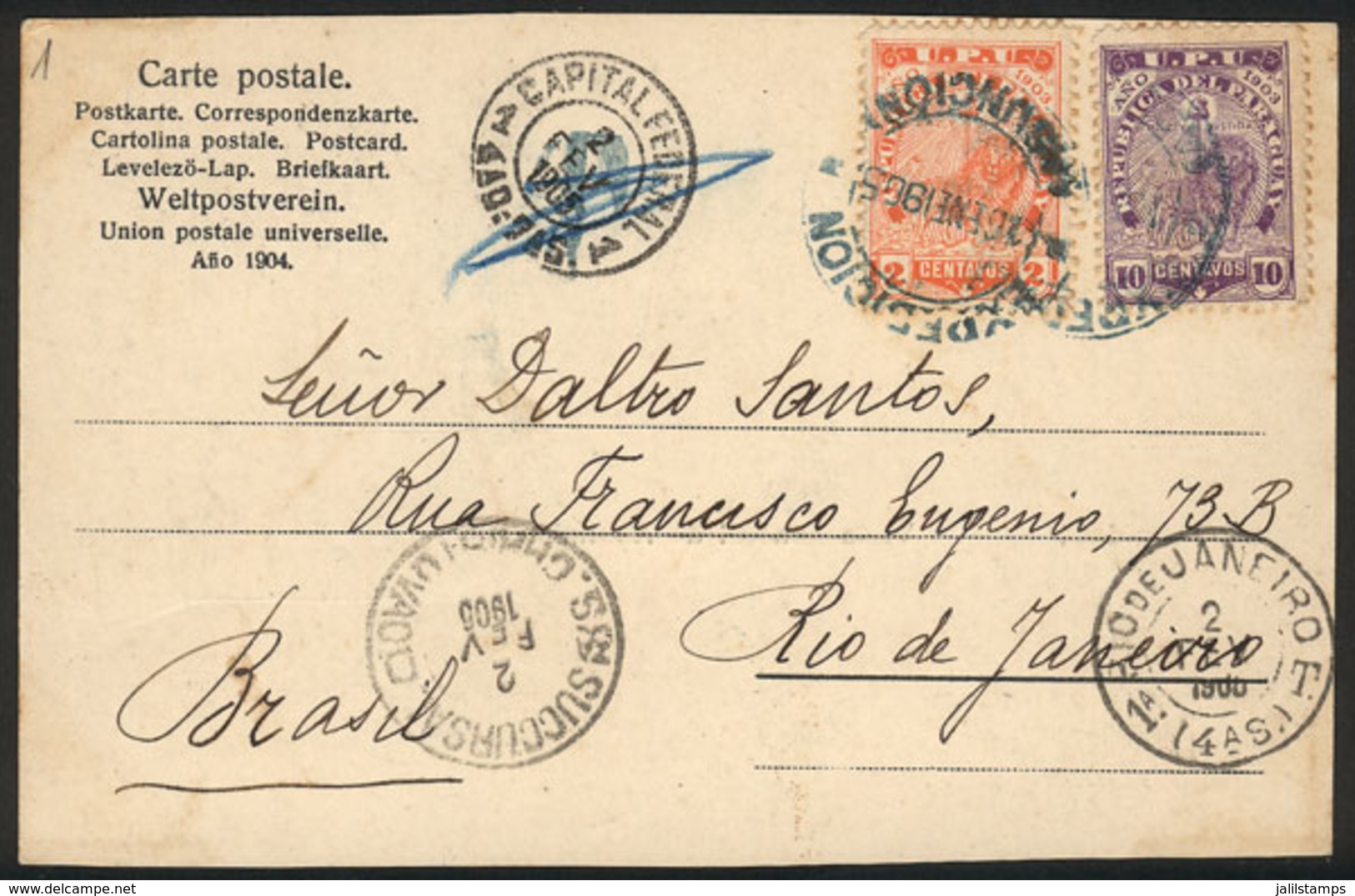 PARAGUAY: Postcard With General View Of Asunción, Sent To Rio De Janeiro On 16/JA/1905 Franked With 12c., With Crossed O - Paraguay